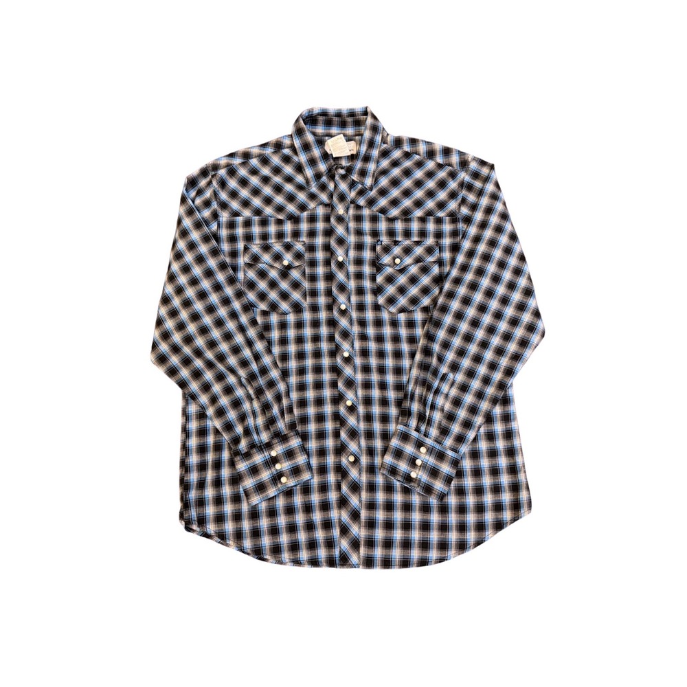 Wrangler Wrancher Mens Blue Black Plaid Western Pearl Snap Shirt Large